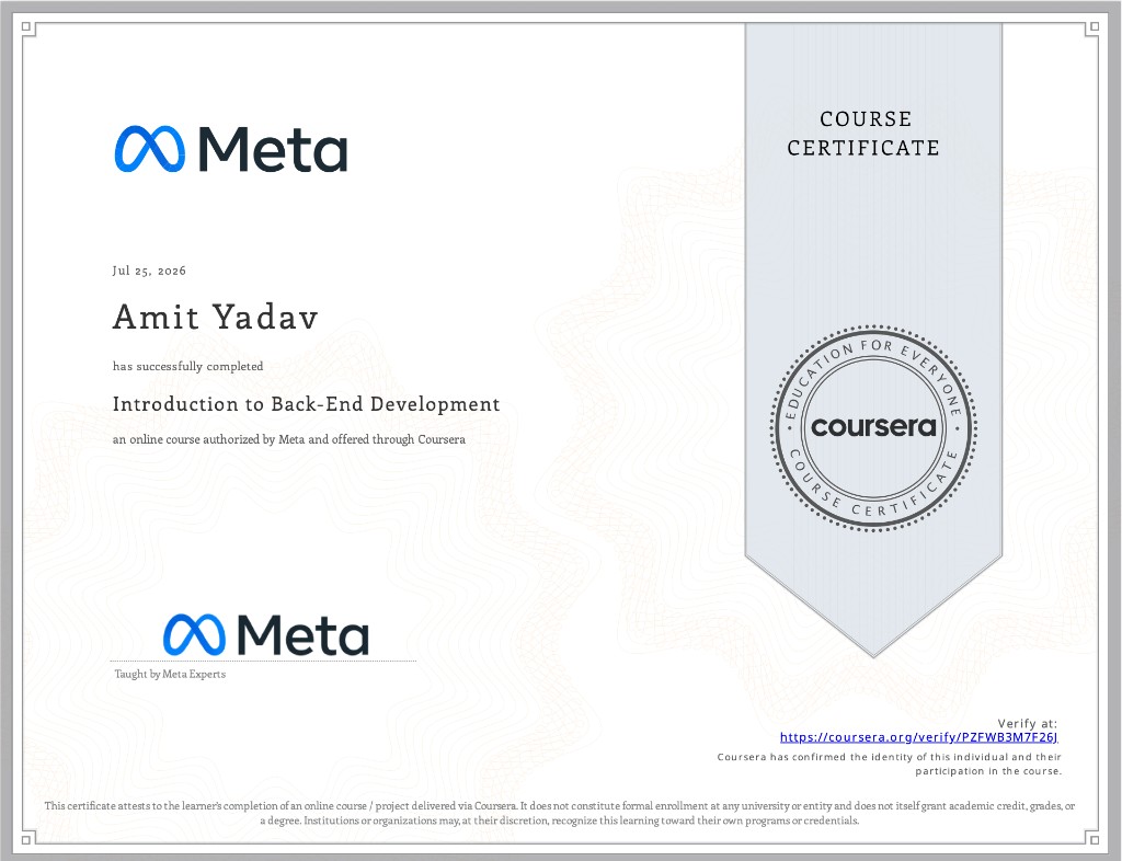 Introduction to Back-End Development certificate